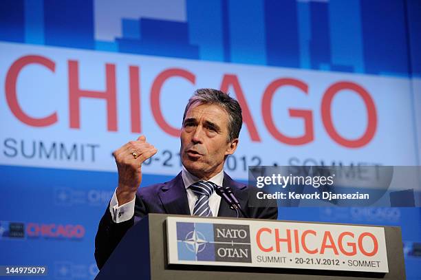 Secretary General Anders Fogh Rasmussen makes his closing remarks during the NATO Summit at McCormick Place on May 21, 2012 in Chicago, Illinois. As...