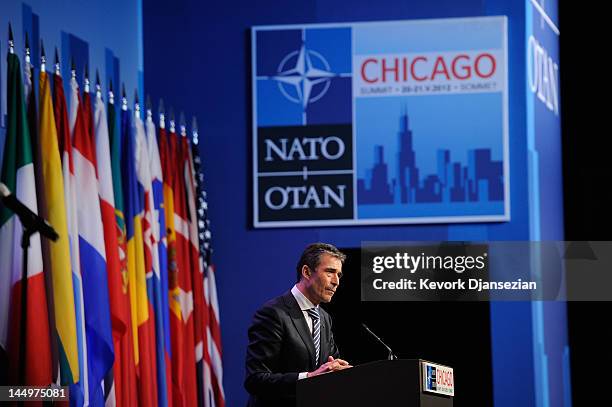 Secretary General Anders Fogh Rasmussen makes his closing remarks during the NATO Summit at McCormick Place on May 21, 2012 in Chicago, Illinois. As...