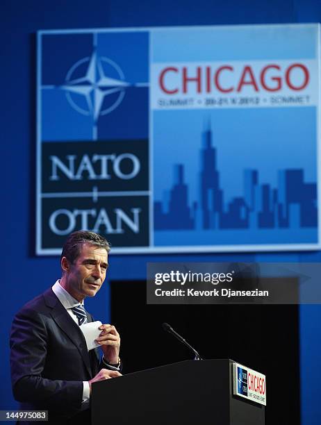 Secretary General Anders Fogh Rasmussen makes his closing remarks during the NATO Summit at McCormick Place on May 21, 2012 in Chicago, Illinois. As...