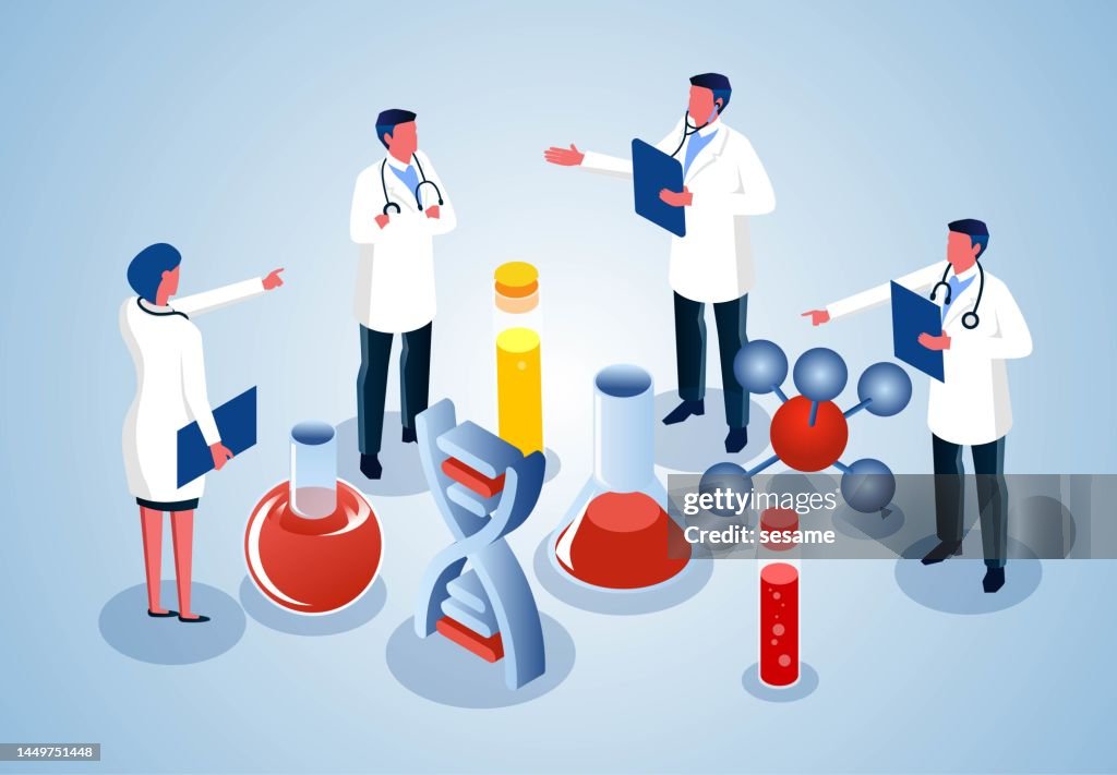 Medico, farmaceutico, ricerca medica, tecnologia medica e DNA, i membri del team medico isometrico si riuniscono per parlare e analizzare