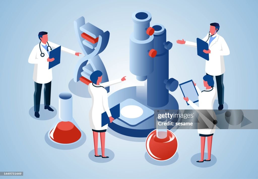 Medical and Pharmaceutical Technology and Research, Isometric Medical Doctor Working Under the Microscope Discussion and Analysis