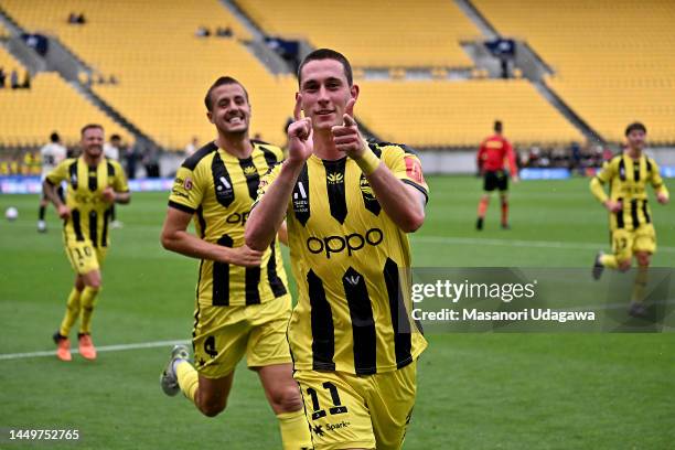 Bozhidar Kraev of the Phoenix celebrates after scoring a goal during the round eight A-League Men's match between Wellington Phoenix and Adelaide...