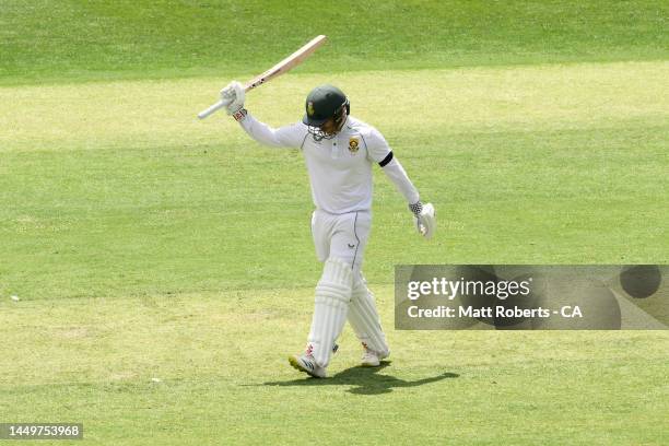 Kyle Verreynne of South Africa celebrates his half century during day one of the First Test match between Australia and South Africa at The Gabba on...