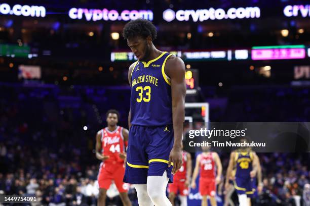 James Wiseman of the Golden State Warriors reacts during the fourth quarter against the Philadelphia 76ers at Wells Fargo Center on December 16, 2022...