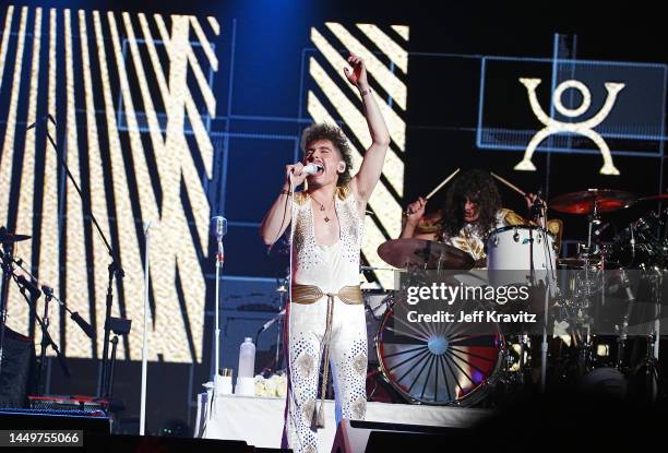 Josh Kiszka and Danny Wagner of Greta Van Fleet perform onstage as Metallica Presents: The Helping Hands Concert at Microsoft Theater on December 16,...