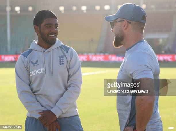 Brendon McCullum, Head Coach of England and Rehan Ahmed of England pictured ahead of day one of the Third Test match between Pakistan and England at...