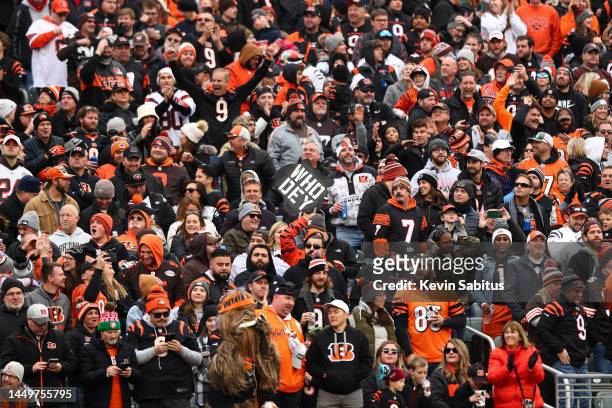 Cincinnati Bengals fan holds a “Who Dey” sign in the crowd during an NFL football game against the Cleveland Browns at Paycor Stadium on December 11,...