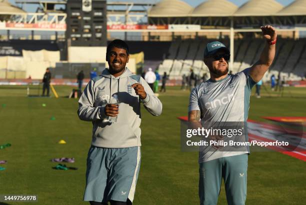 Rehan Ahmed and Brendon McCullum of England talk before the first day of the third Test between Pakistan and England at Karachi National Stadium on...