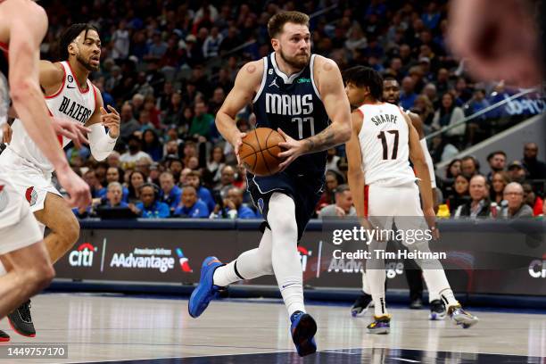 Luka Doncic of the Dallas Mavericks drives to the basket against the Portland Trail Blazers in the second half of the game at American Airlines...