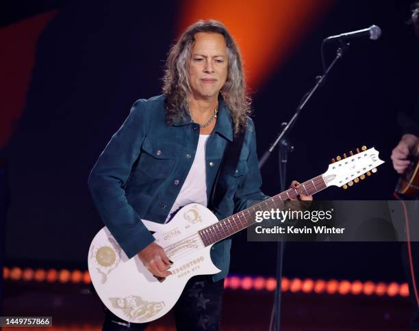 Kirk Hammett of Metallica performs onstage during Metallica Presents: "The Helping Hands Concert" at Microsoft Theater on December 16, 2022 in Los...