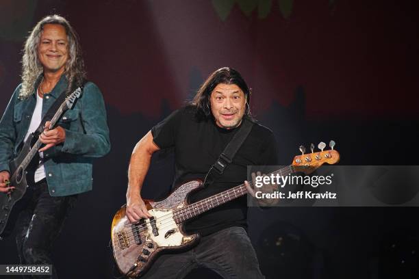 Kirk Hammett and Robert Trujillo of Metallica perform onstage as Metallica Presents: The Helping Hands Concert at Microsoft Theater on December 16,...