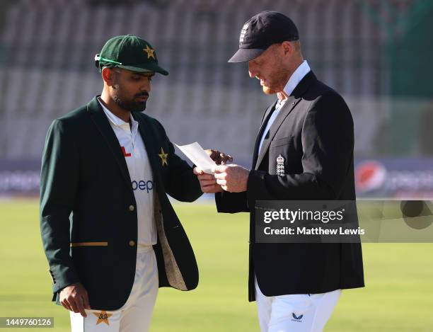 Babar Azam of Pakistan and Ben Stokes of England pictured ahead of the coin toss during day one of the Third Test match between Pakistan and England...