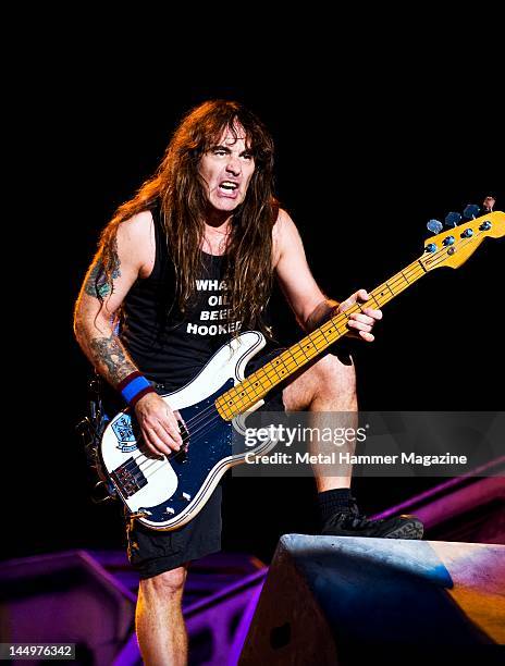 Steve Harris of English heavy metal group Iron Maiden performing live on stage at Sonisphere Festival on August 1, 2010 at Knebworth House.