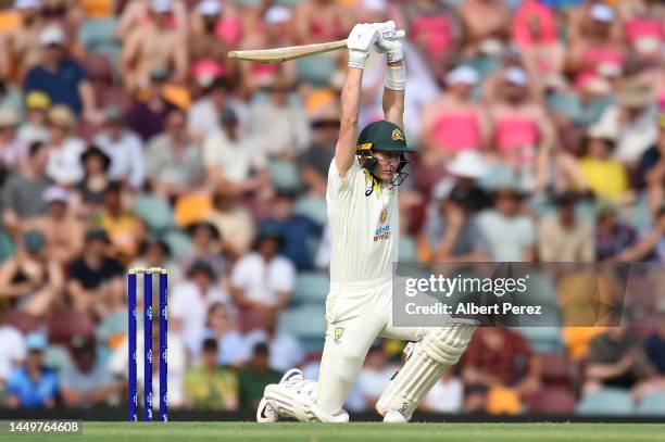 Marnus Labuschagne of Australia reacts during day one of the First Test match between Australia and South Africa at The Gabba on December 17, 2022 in...