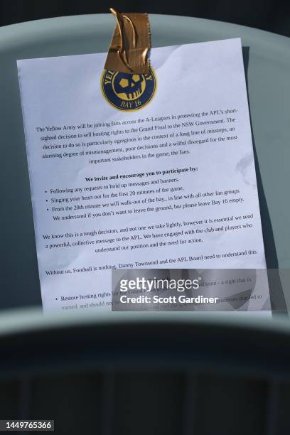 Protet letter posted by mariners fans prior to play during the round eight A-League Men's match between Central Coast Mariners and Sydney FC at...