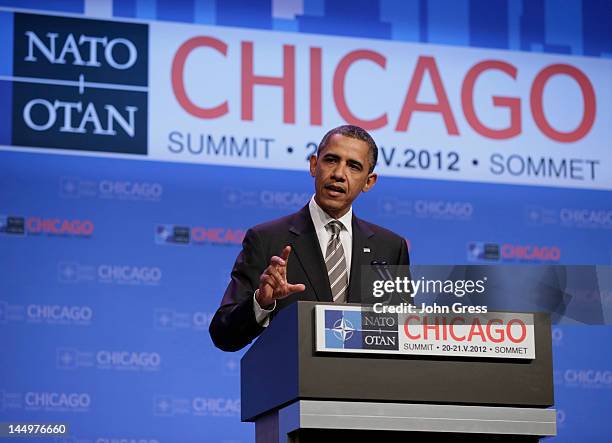 President Barack Obama speaks at a press conference at the closing of the NATO summit on May 21, 2012 at McCormick Place in Chicago, Illinois. Sixty...