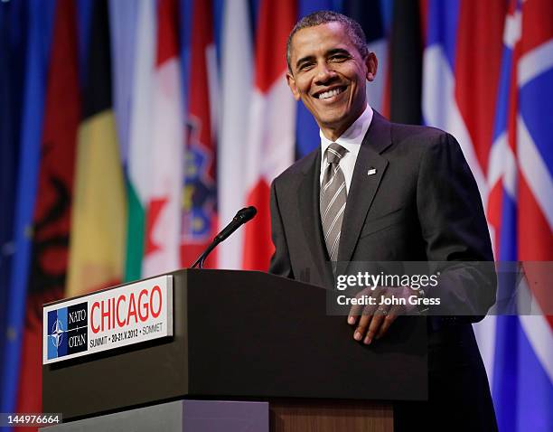 President Barack Obama speaks at a press conference at the closing of the NATO summit on May 21, 2012 at McCormick Place in Chicago, Illinois. Sixty...