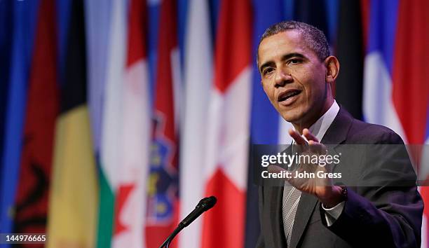 President Barack Obama speaks at a press conference at the closing of the NATO summit on May 21, 2012 at McCormick Place in Chicago, Illinois. Sixty...