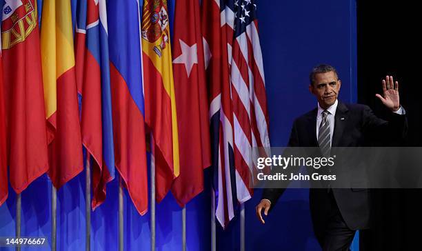 President Barack Obama arrives for a press conference at the closing of the NATO summit on May 21, 2012 at McCormick Place in Chicago, Illinois....