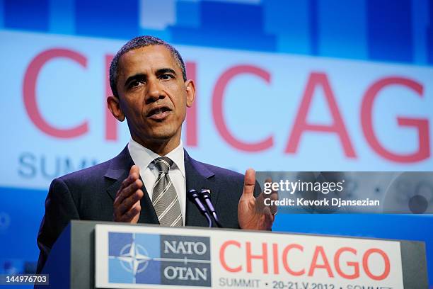 President Barack Obama speaks at a press conference during the NATO Summit at McCormick Place on May 21, 2012 in Chicago, Illinois. As sixty heads of...