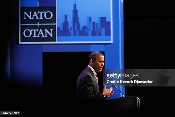 President Barack Obama speaks at a press conference during the NATO Summit at McCormick Place on May 21, 2012 in Chicago, Illinois. As sixty heads of...