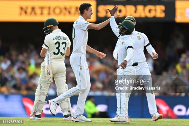 Marco Jansen of South Africa celebrates taking the wicket of Marnus Labuschagne of Australia for 11 runs during day one of the First Test match...