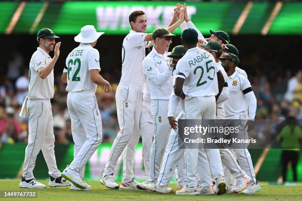 Marco Jansen of South Africa celebrates taking the wicket of Marnus Labuschagne of Australia for 11 runs during day one of the First Test match...