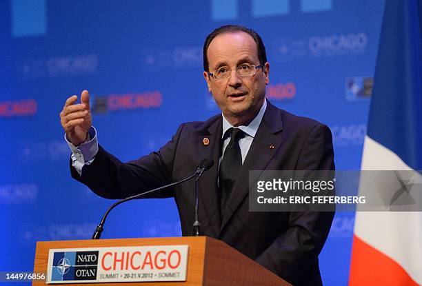 French President Francois Hollande holds a press conference at the conclusion of the NATO 2012 Summit in Chicago on May 21, 2012. AFP PHOTO/ERIC...