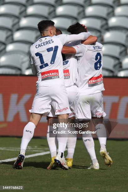 Sydney FC celebbrate the goal of Paulo Retre of Sydney FC during the round eight A-League Men's match between Central Coast Mariners and Sydney FC at...