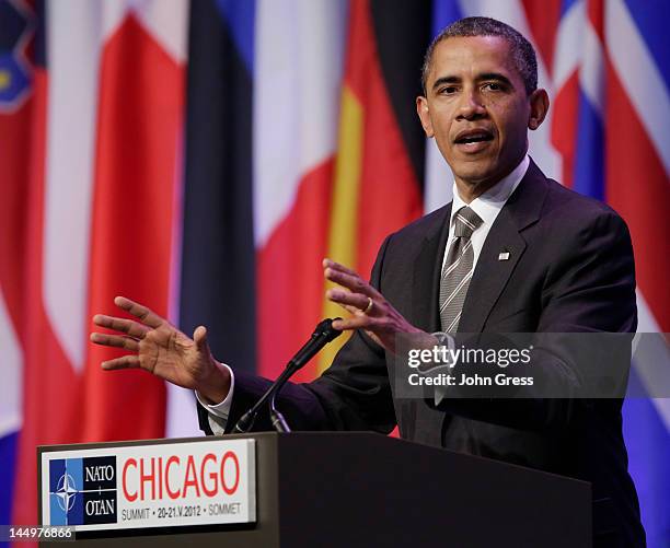 President Barack Obama speaks at a press conference closing the NATO summit on May 21, 2012 at McCormick Place in Chicago, Illinois. As sixty heads...