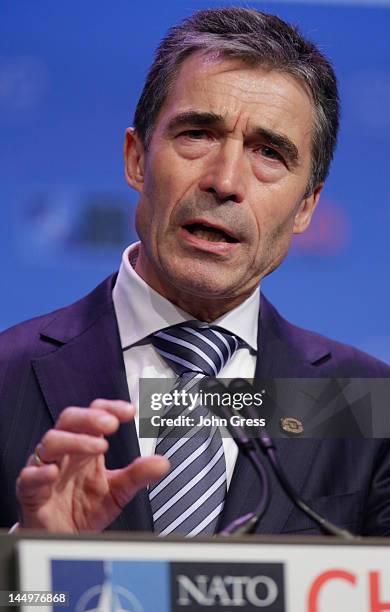 Secretary General Anders Fogh Rasmussen speaks at a press conference during the NATO summit on May 21, 2012 at McCormick Place in Chicago, Illinois....