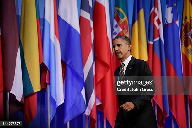 President Barack Obama arrives for a press conference at the closing of the NATO summit on May 21, 2012 at McCormick Place in Chicago, Illinois....