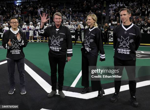 Co-owners Joe Tsai and Wayne Gretzky of the Las Vegas Desert Dogs, Janet Gretzky and co-owner Steve Nash of the Desert Dogs are introduced before the...