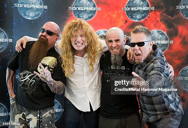 Kerry King of Slayer, Dave Mustain of Megadeth, Scott Ian of Anthrax and James Hetfield of Metallica. Backstage during Sonisphere festival, June 16...