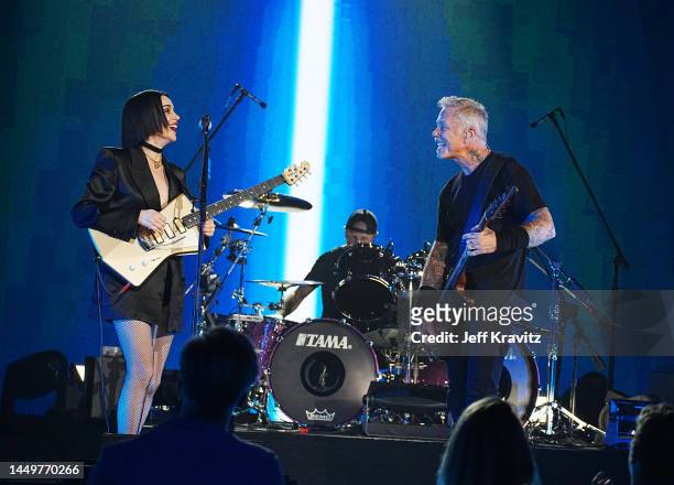St. Vincent performs with Lars Ulrich and James Hetfield of Metallica as Metallica Presents: The Helping Hands Concert at Microsoft Theater on...