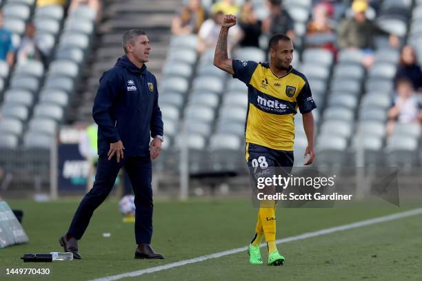 Marco Tulio of the Mariners celebrates his goal during the round eight A-League Men's match between Central Coast Mariners and Sydney FC at Central...