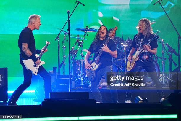 James Hetfield, Robert Trujillo, Lars Ulrich, and Kirk Hammett of Metallica perform onstage as Metallica Presents: The Helping Hands Concert at...