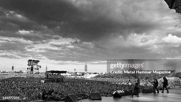 Tom Araya, Kerry King and Jeff Hanneman of American thrash metal band Slayer, live on stage at Sonisphere Festival, June 16 Warsaw.