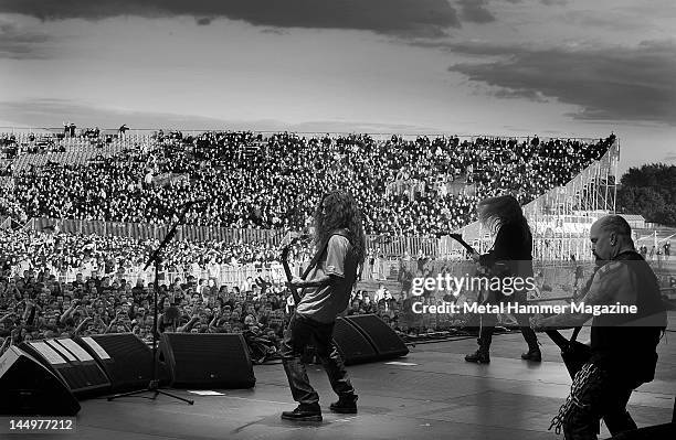 Tom Araya, Jeff Hanneman and Kerry King of American thrash metal band Slayer, live on stage at Sonisphere Festival, June 16 Warsaw.