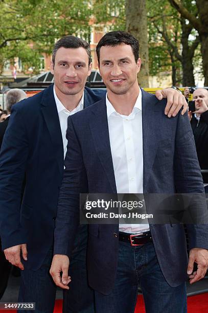 Vitali Klitschko and Wladimir Klitschko attend the UK premiere of Klitschko at The Empire Leicester Square on May 21, 2012 in London, England.