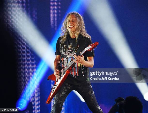 Kirk Hammett of Metallica performs onstage as Metallica Presents: The Helping Hands Concert at Microsoft Theater on December 16, 2022 in Los Angeles,...