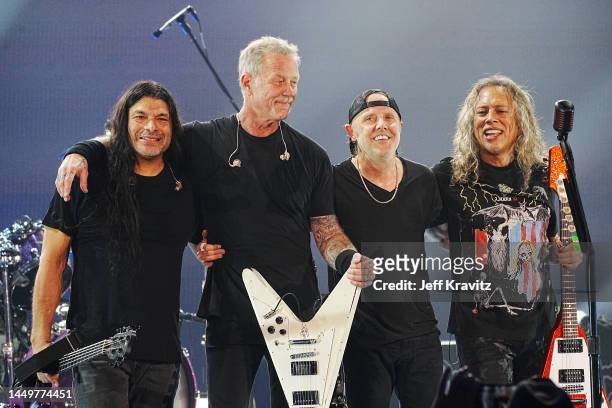 Robert Trujillo, James Hetfield, Lars Ulrich, and Kirk Hammett of Metallica perform onstage as Metallica Presents: The Helping Hands Concert at...