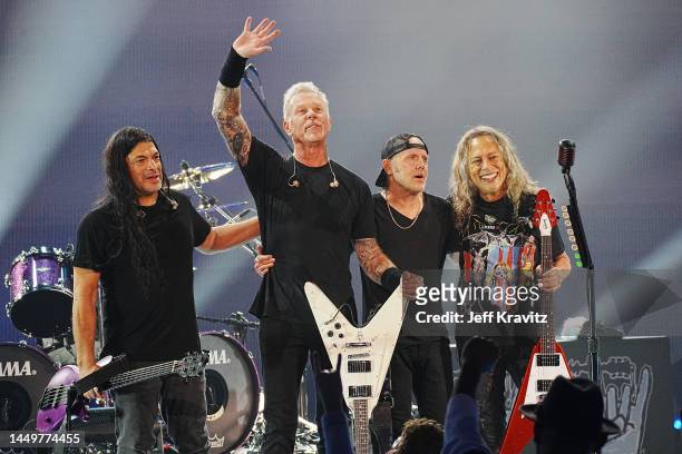 Robert Trujillo, James Hetfield, Lars Ulrich, and Kirk Hammett of Metallica perform onstage as Metallica Presents: The Helping Hands Concert at...