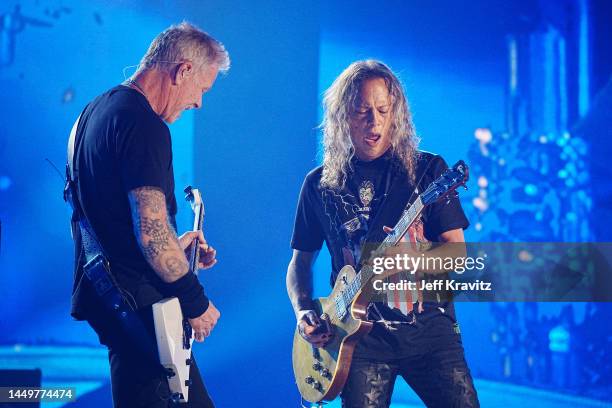 James Hetfield and Kirk Hammett of Metallica perform onstage as Metallica Presents: The Helping Hands Concert at Microsoft Theater on December 16,...