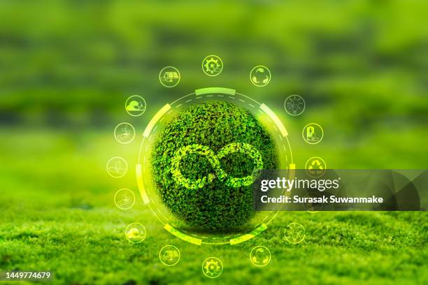 revolving business idea increasing energy use and co2 emissions, share, reuse, repair, improve and recycle existing materials and products to their full potential. - circulaire economie stockfoto's en -beelden