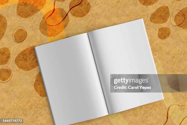 magazine template in orange abstract background - blank pages in open book overhead view stock pictures, royalty-free photos & images