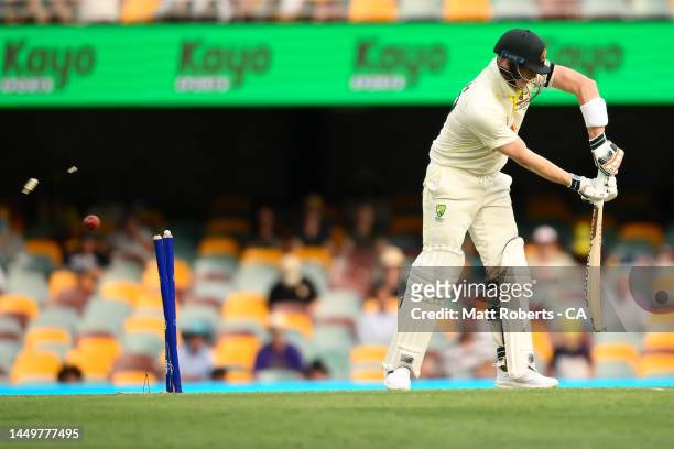 Steve Smith of Australia is bowled by Anrich Nortje of South Africa during day one of the First Test match between Australia and South Africa at The...