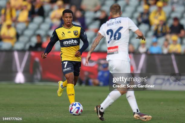 Samuel Silvera of the Mariners with the ball during the round eight A-League Men's match between Central Coast Mariners and Sydney FC at Central...