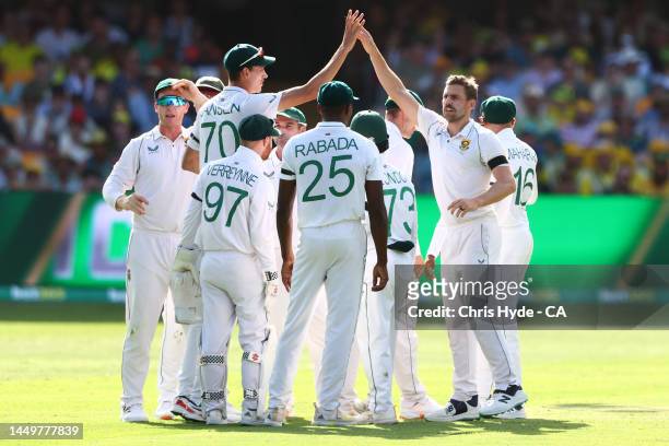 Anrich Nortje of South Africa celebrates taking the wicket of Usman Khawaja of Australia during day one of the First Test match between Australia and...