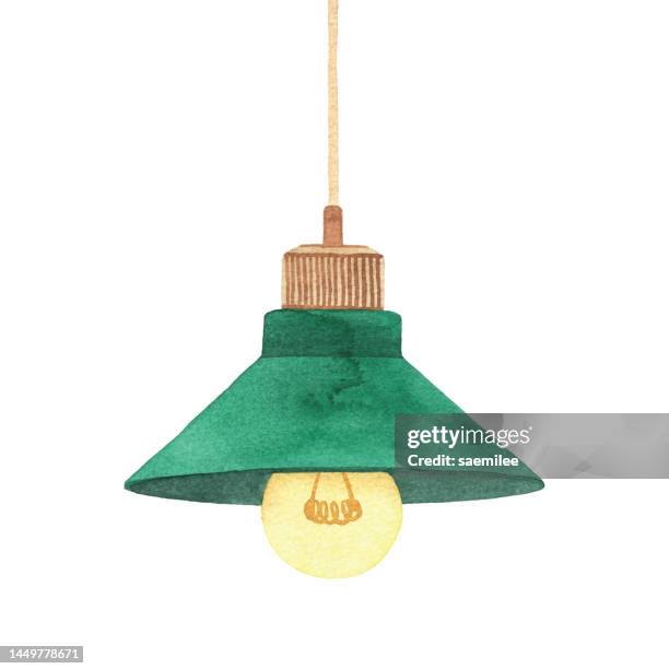 stockillustraties, clipart, cartoons en iconen met watercolor light with green lampshade - lampion verlichting